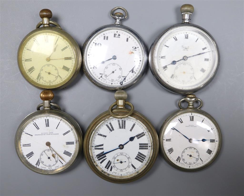 Five assorted base metal pocket watches.